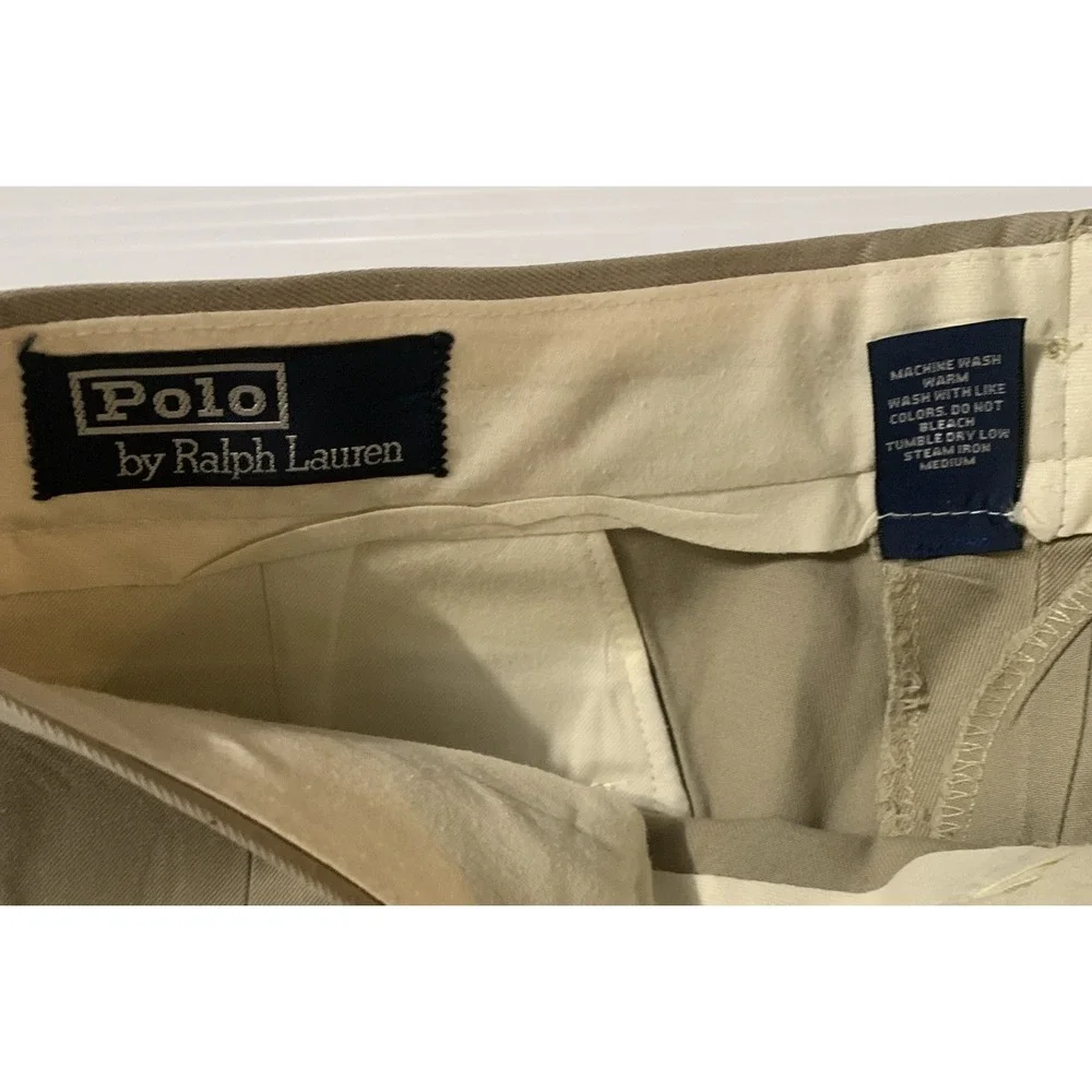 VINTAGE Polo Ralph Lauren Pants Mens 33x30 Double Pleated Chino Beige Preppy